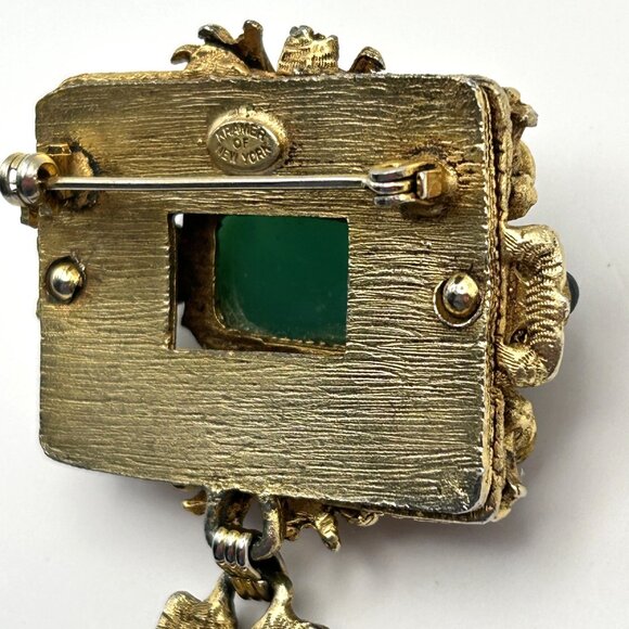 Vintage Kramer of New York Brooch Tassel Faux Jade Cabochon Gold Tone Rare - Picture 15 of 15